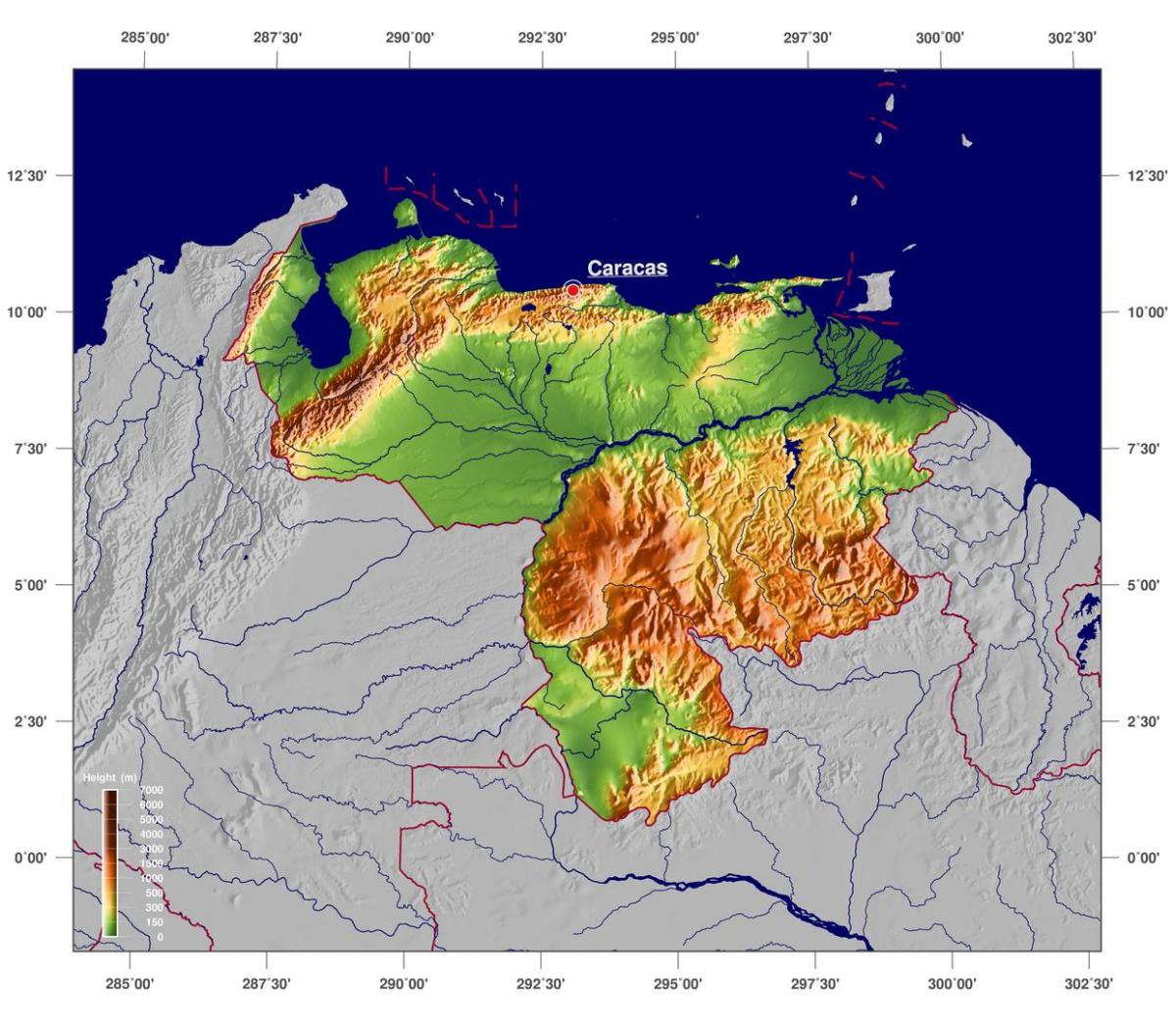 karta över fysiska karta över venezuela